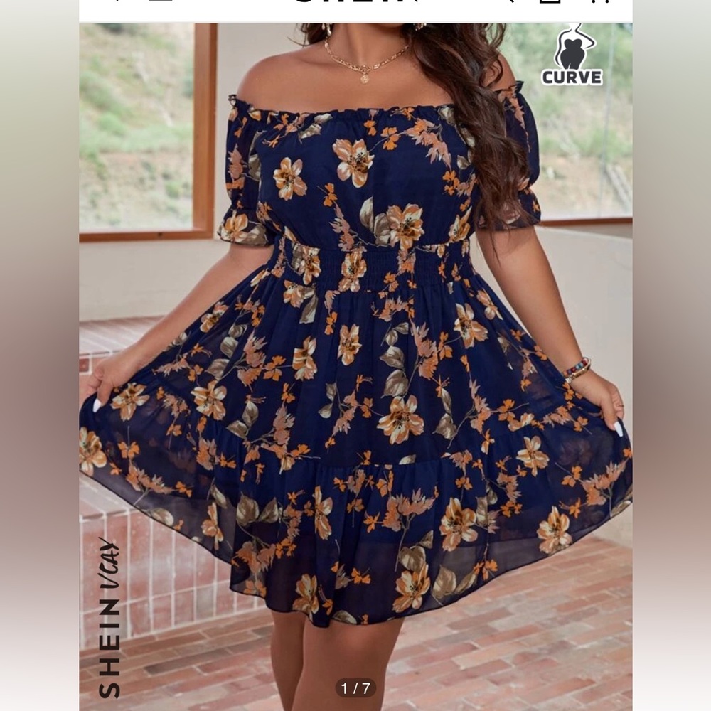 SHEIN Floral Print Off Shoulder Flounce Sleeve Ruffle Hem Chiffon Dress Size 2XL